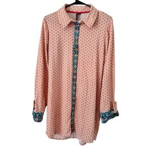Aqua Et Sol Geo Print UPF 50 Long Sleeve Button Front Swim Cover Up Dress Small